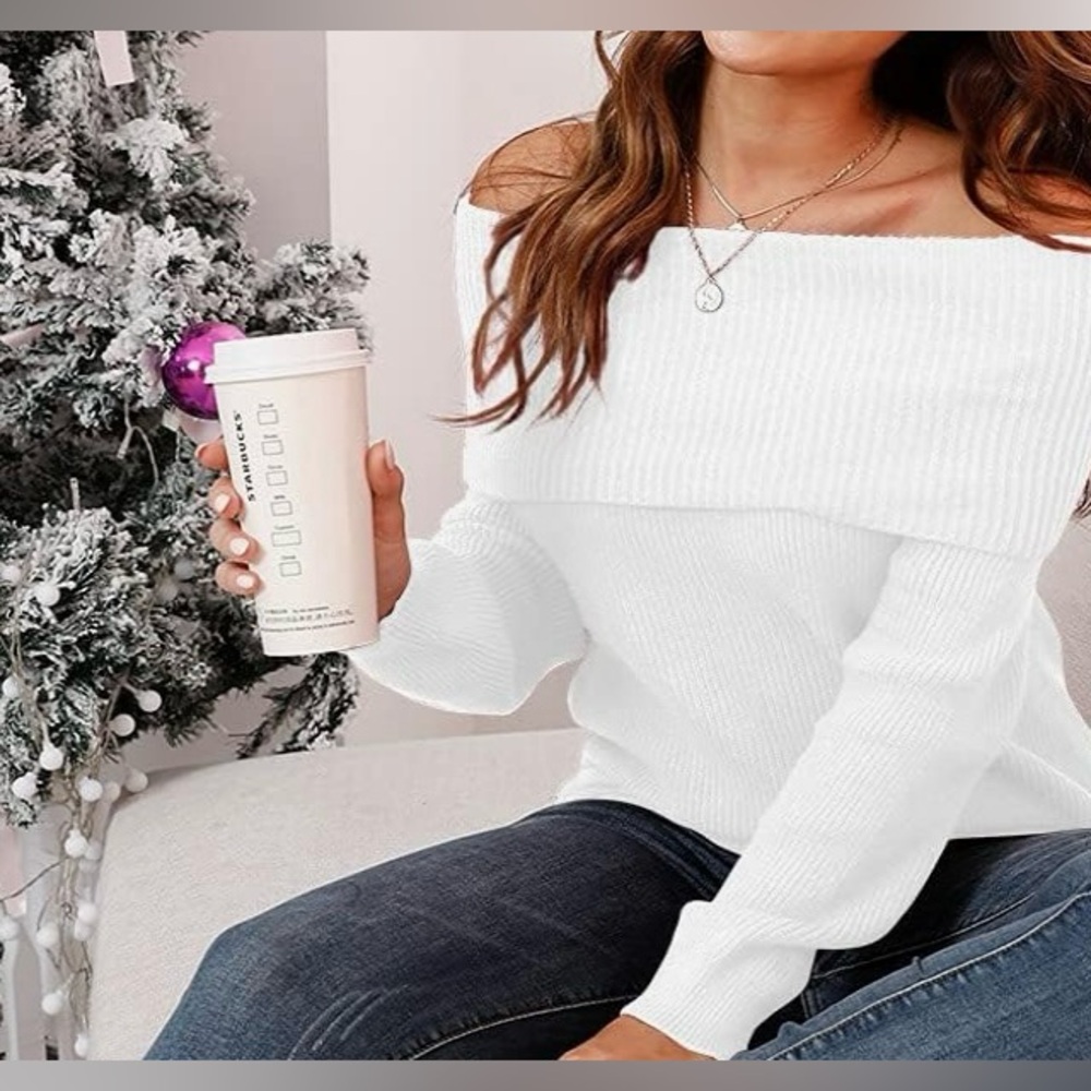 Feiersi boutique clothing white off the shoulder sweater, small, NWT